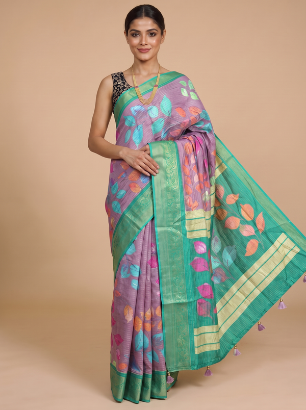 Onion Pink with Sea Green - Semi Raw Silk Saree