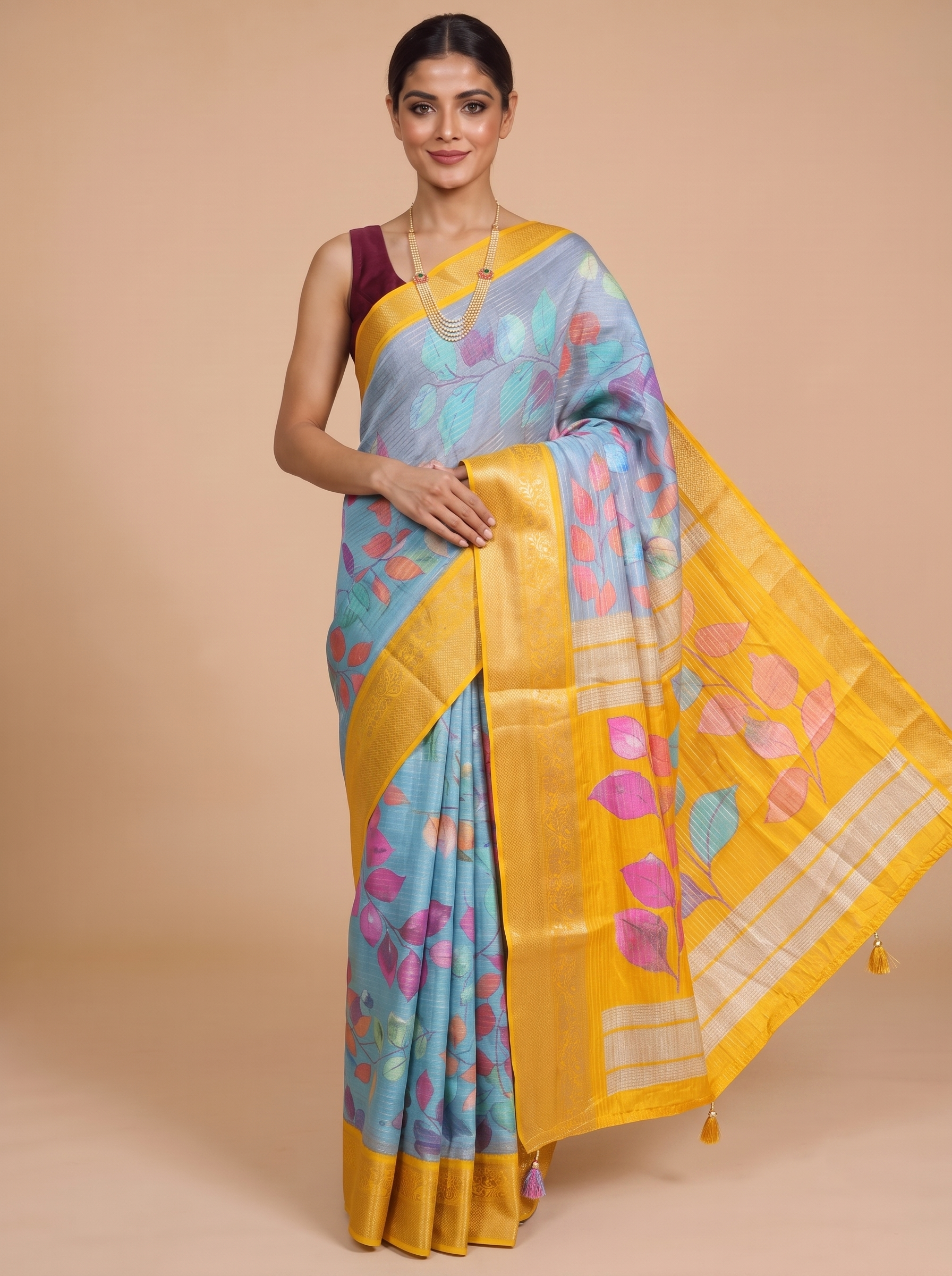Grey with Yellow - Semi Raw Silk Saree