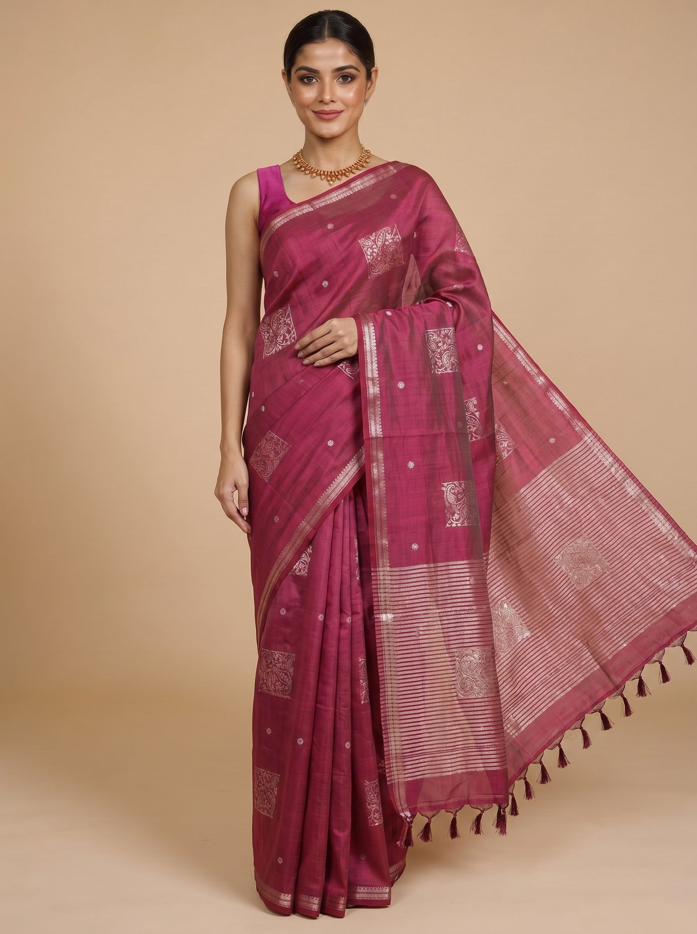 Magenta with Silver Zari - Semi Tussar Saree