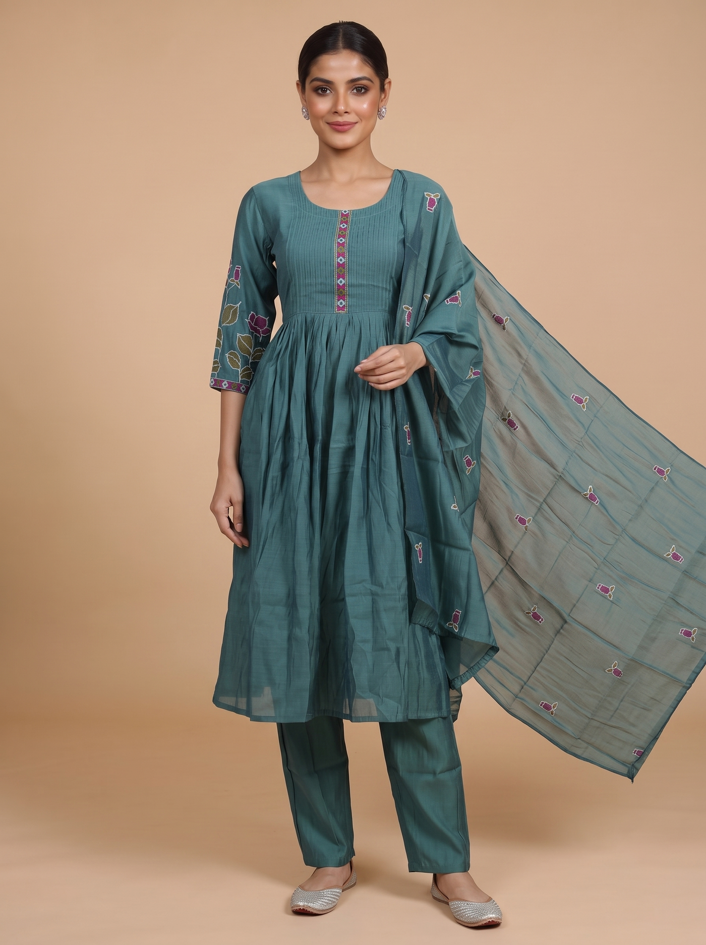 Teal Green With Dupatta Anarkali Set