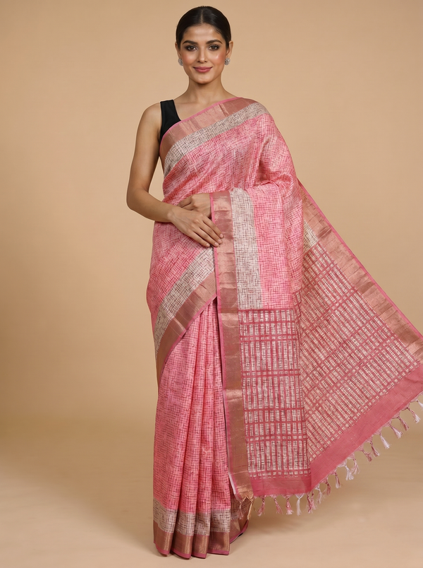 Pink and Off-White Grid Dola Silk Saree