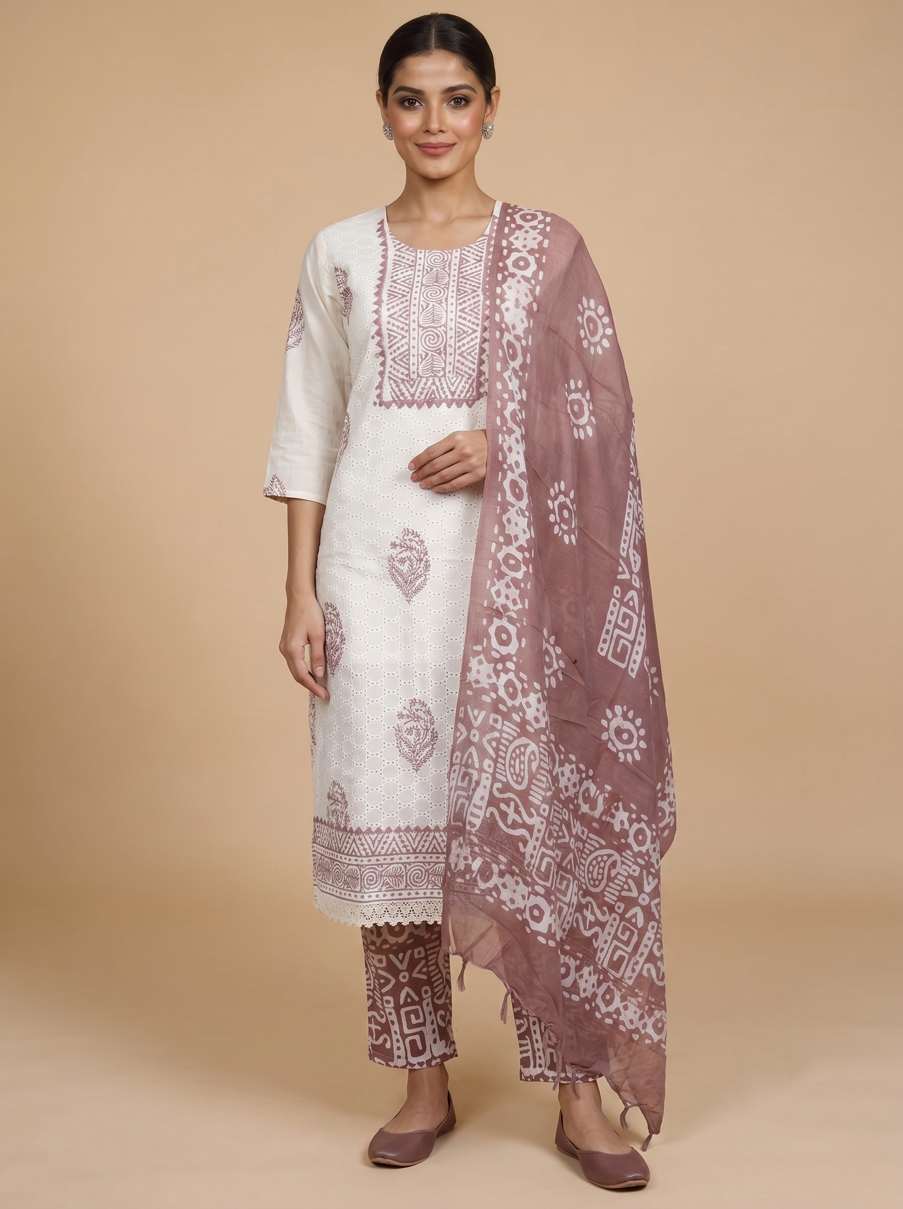 Off-White with Dusty Rose Mauve Ready Made Salwar Suit