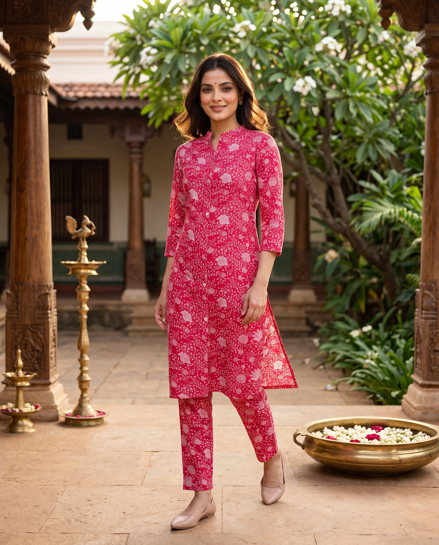 Red Floral Print Cotton Kurti Set
