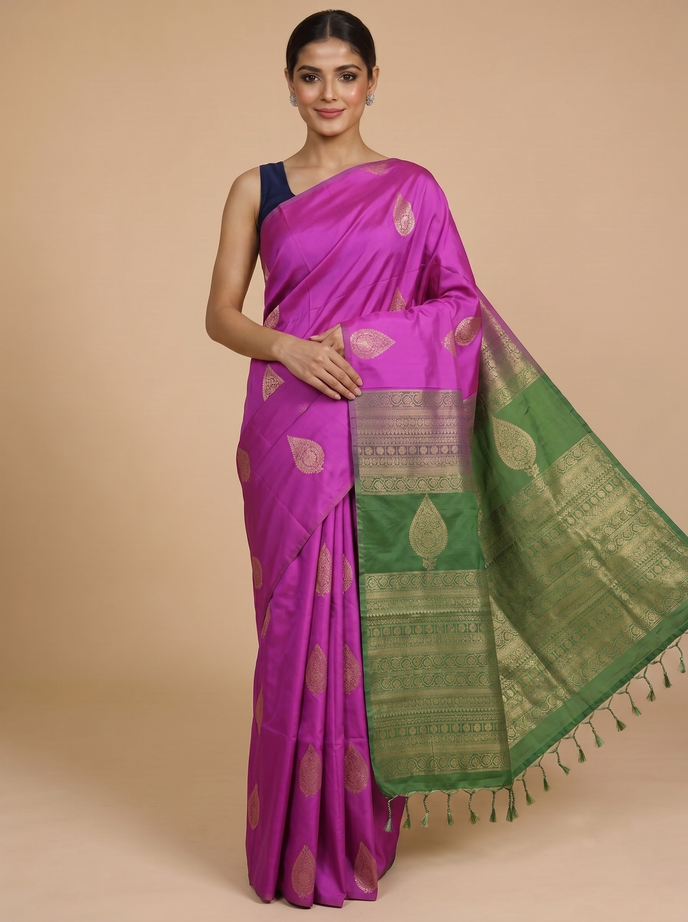 Magenta with Green - Semi Silk Saree