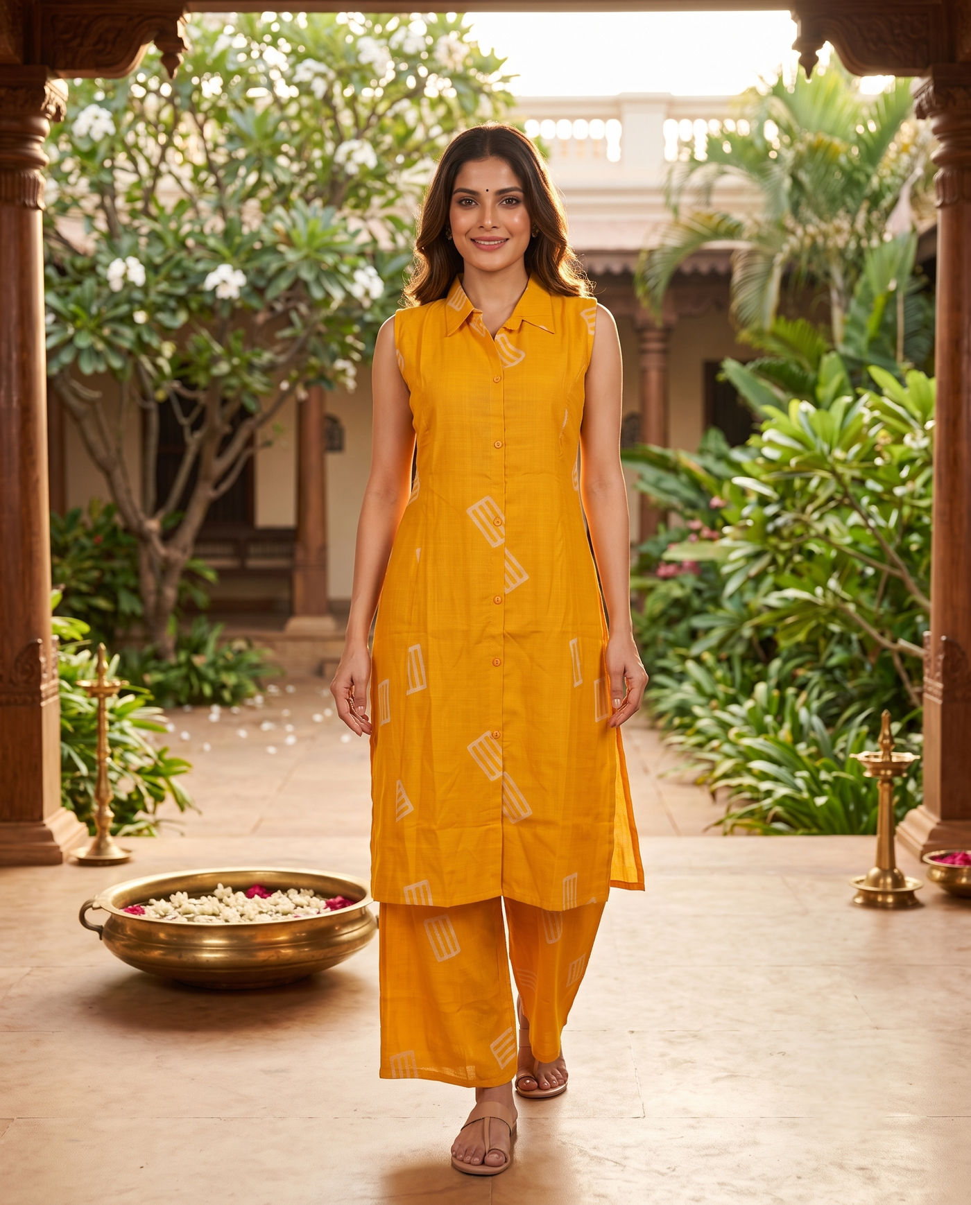 Mustard Yellow Geometric Print Cotton Co-ord Set