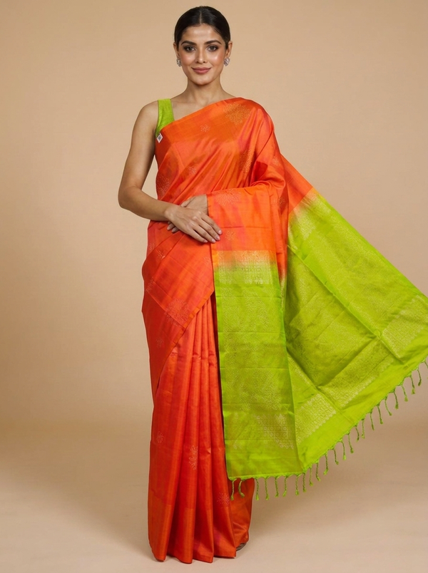 Coral Orange & Lime Green Kanchipuram Silk Saree