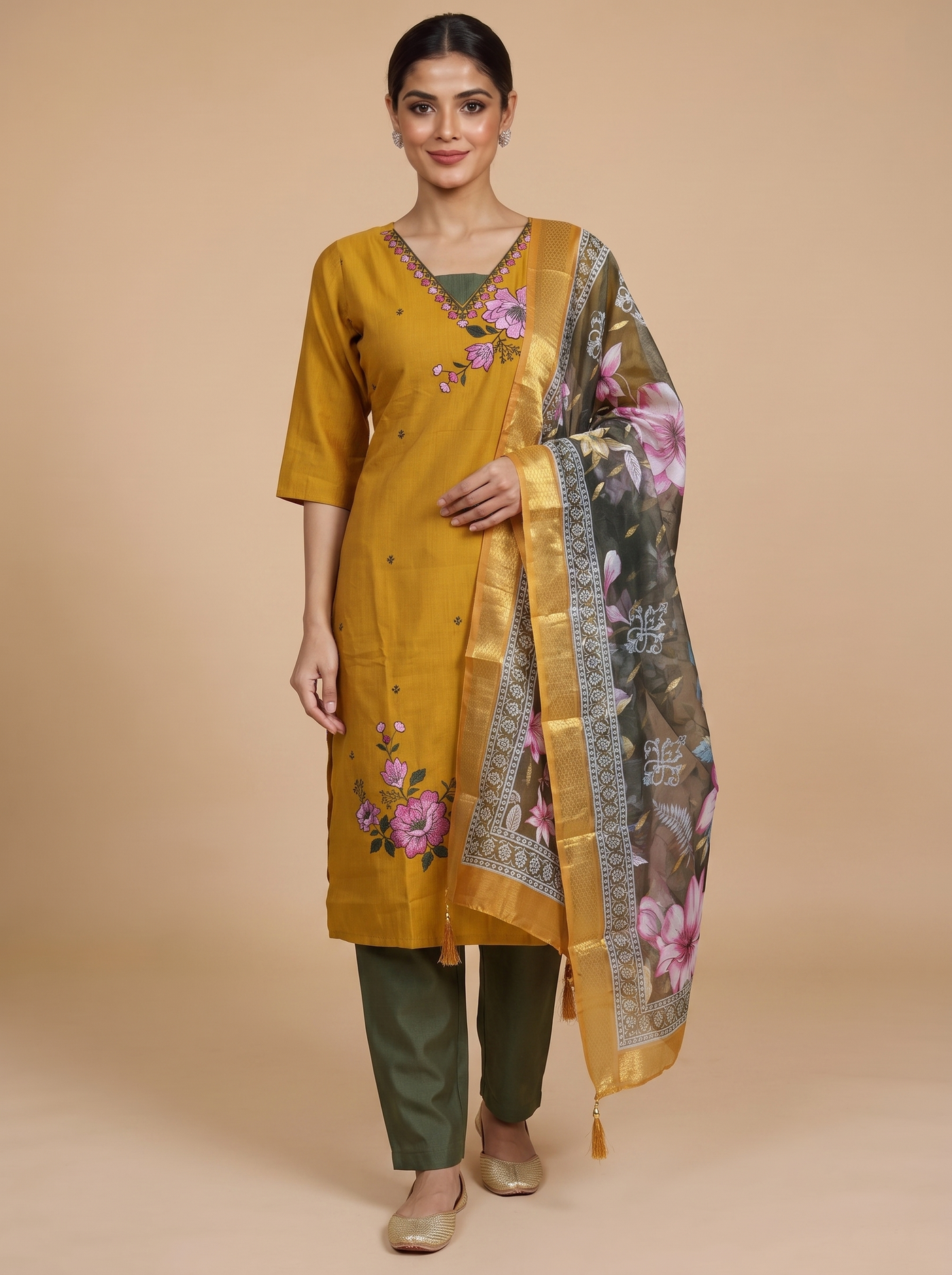 Mustard Yellow with Olive Green Dupatta Ready Made Kurti Set