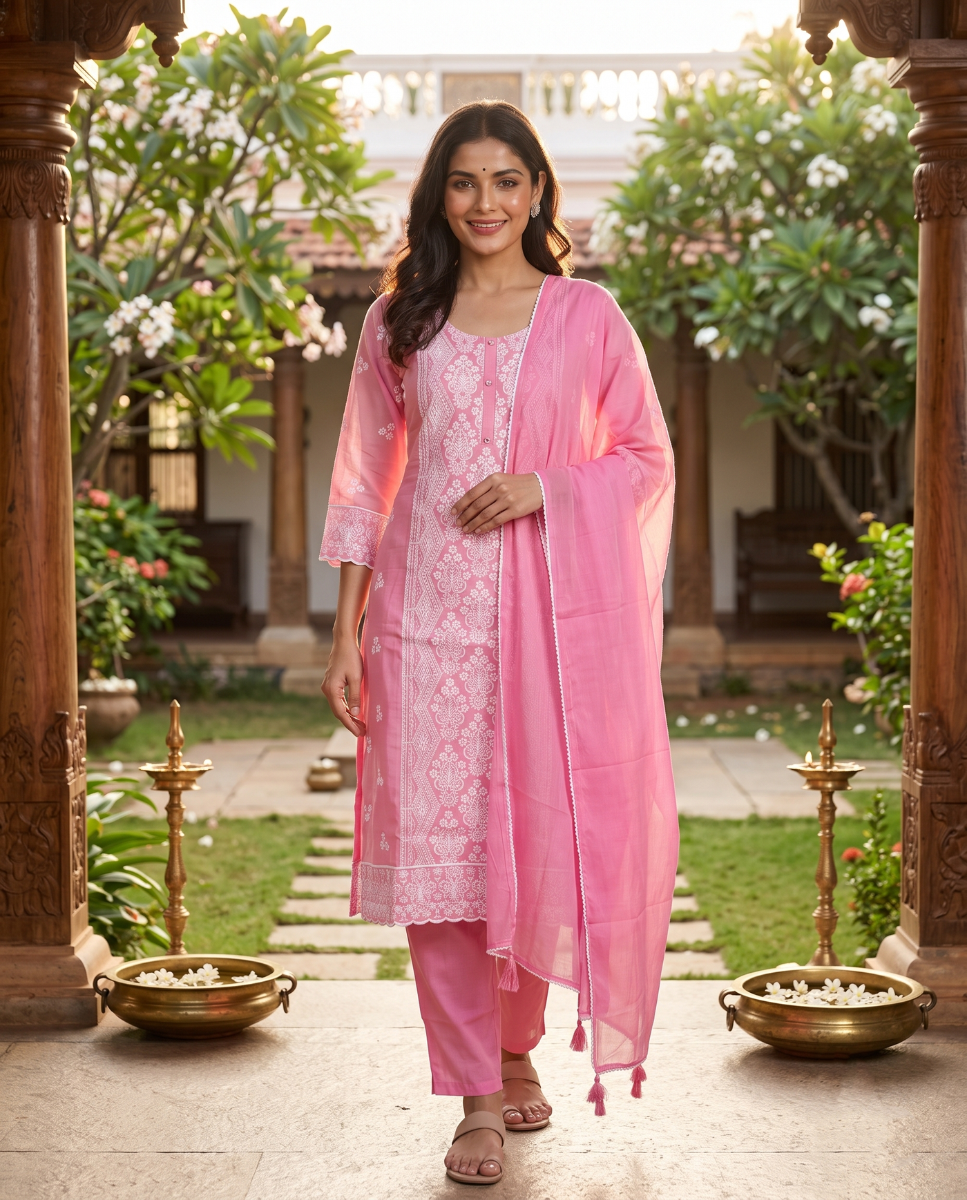 Pink with White Dupatta Ready Made Kurti Set
