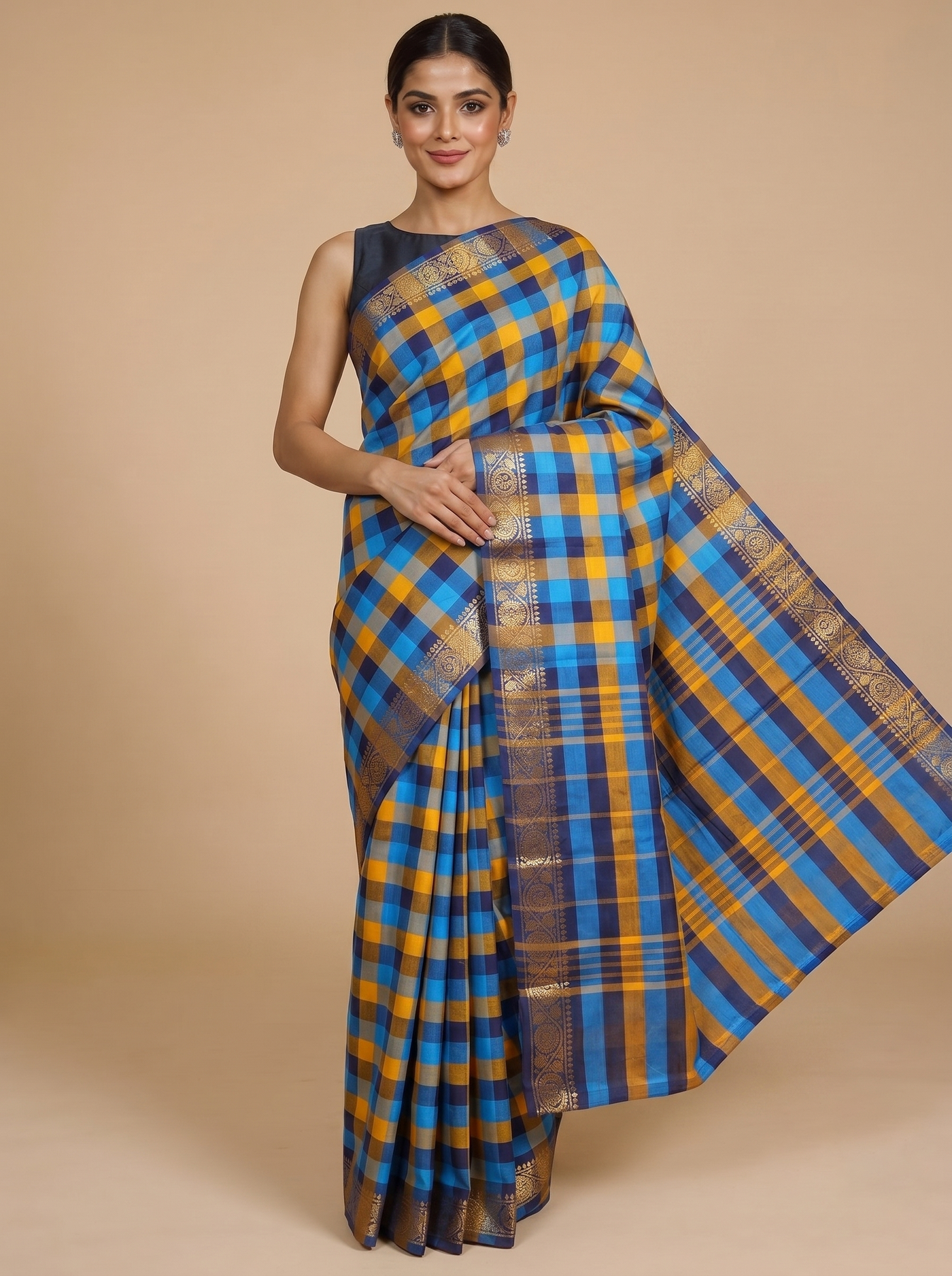 Blue and Yellow with Ink Blue Munthi Chettinad Cotton Saree