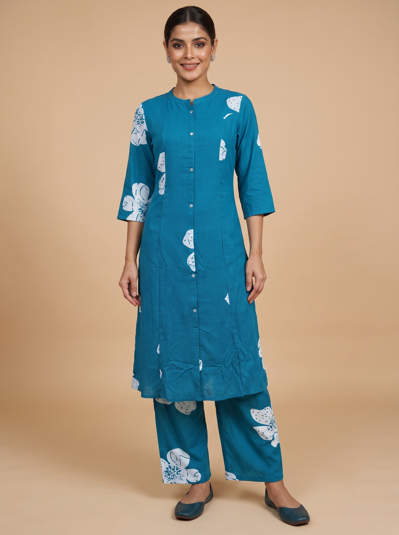 Blue Floral Cotton Kurti Set