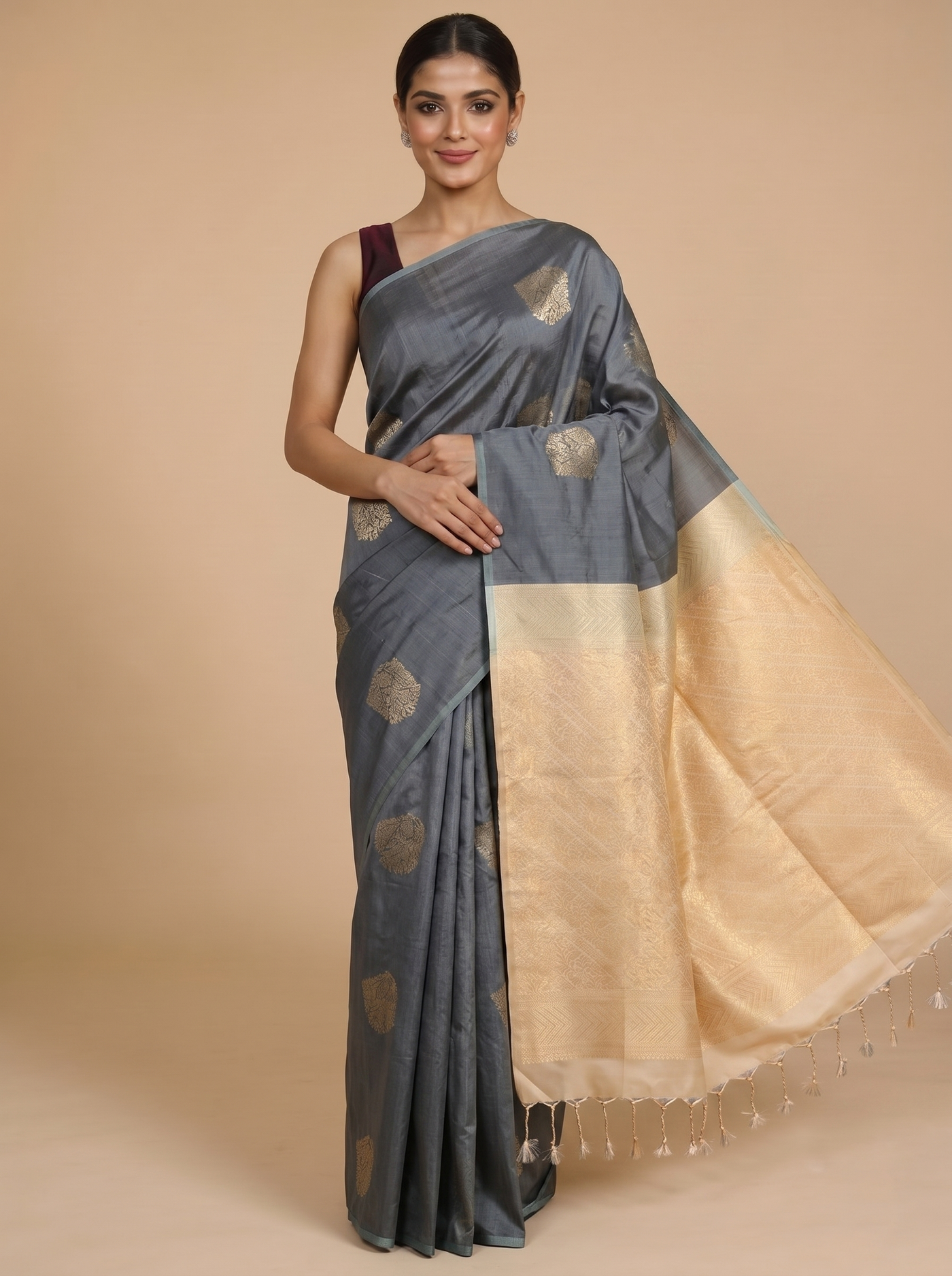 Slate Grey with Creamish Gold Semi Silk Saree