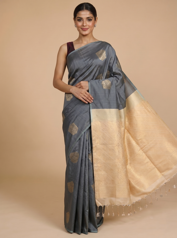 Slate Grey with Creamish Gold Semi Silk Saree