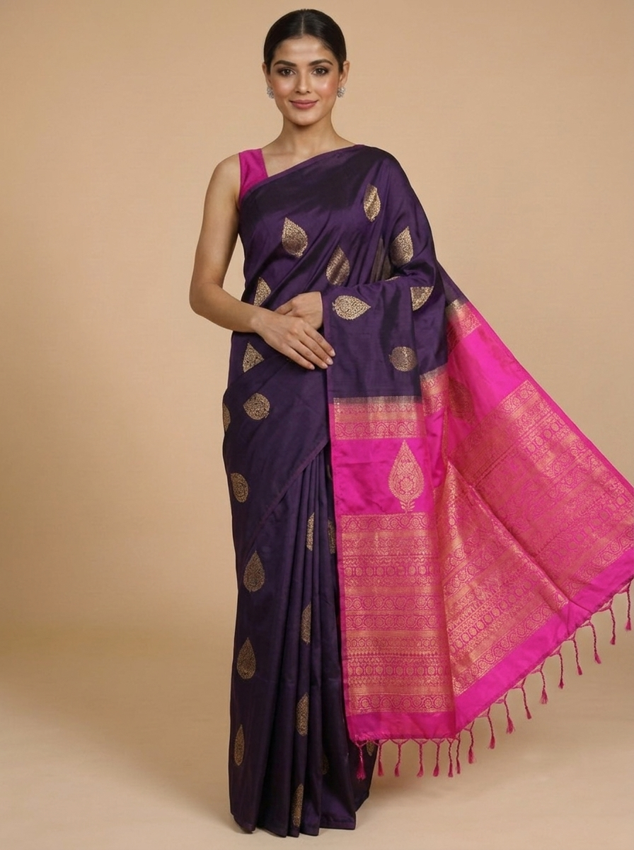 Deep Purple with Magenta Pink Semi Silk Saree