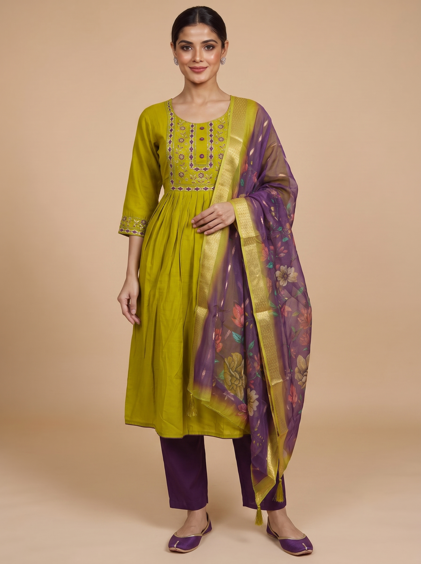 Olive Green with Purple Dupatta Anarkali Set