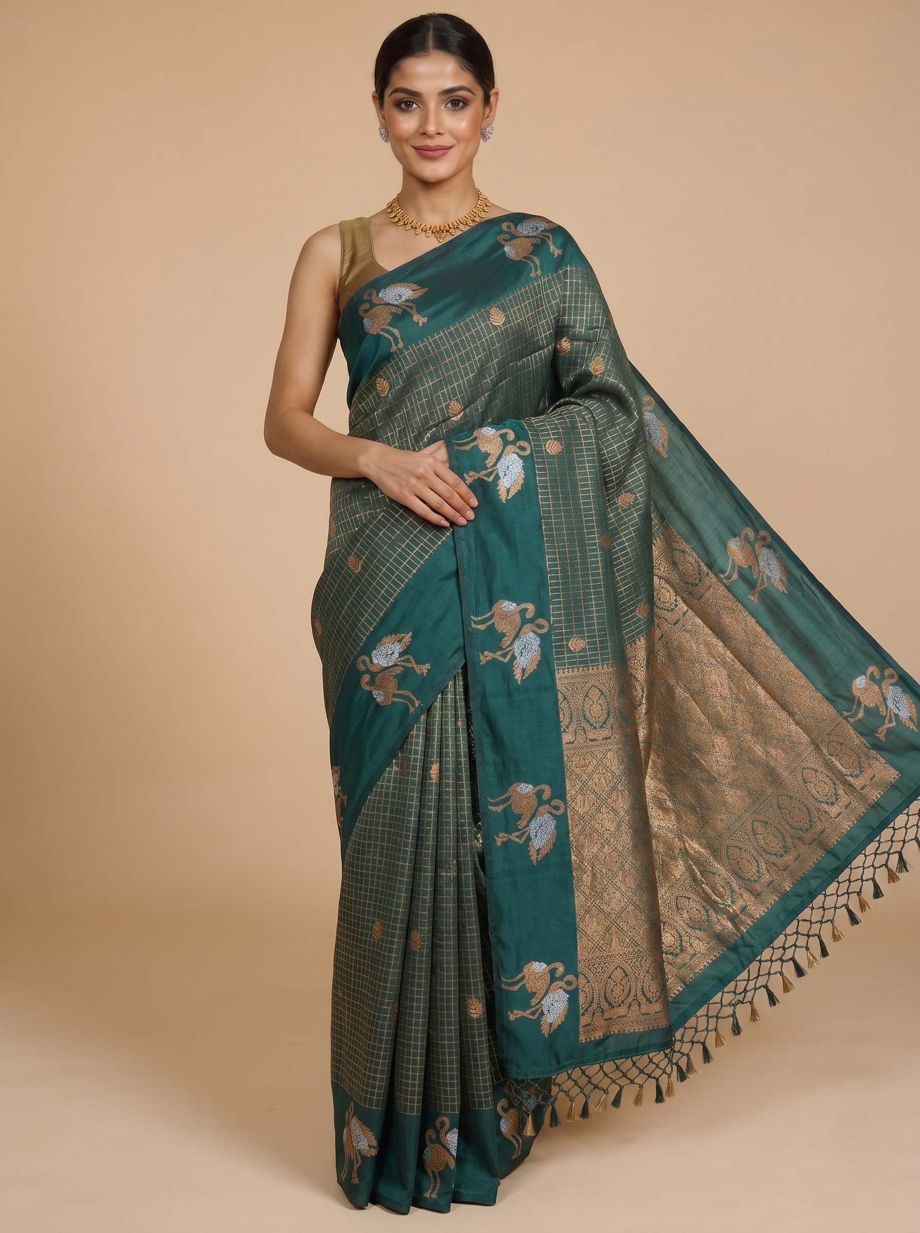 Bottle Green with Golden Pallu - Semi Tussar Saree