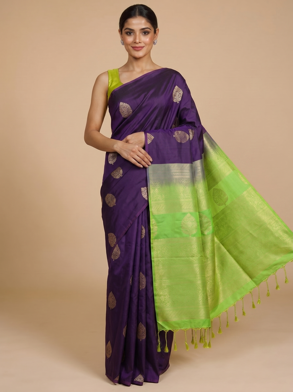 Purple with Light Green - Semi Silk Saree