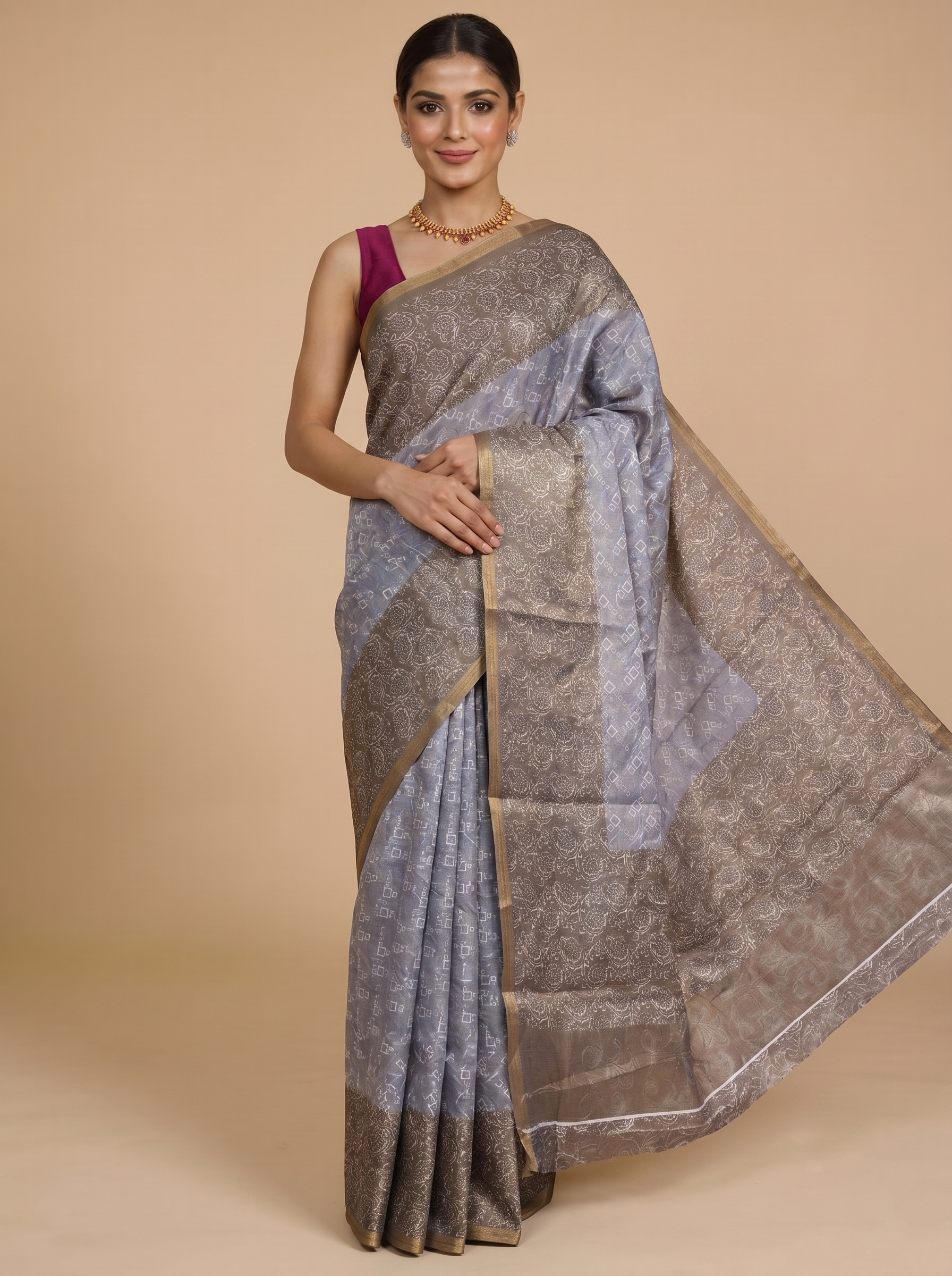 Grey with Brown Pallu - Linen Cotton Saree