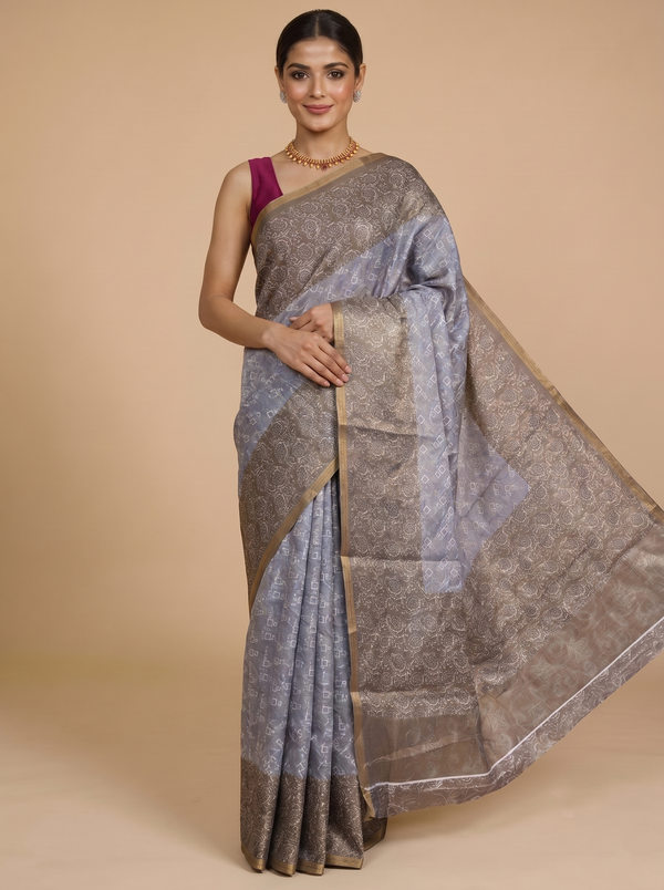 Grey with Brown Pallu - Linen Cotton Saree