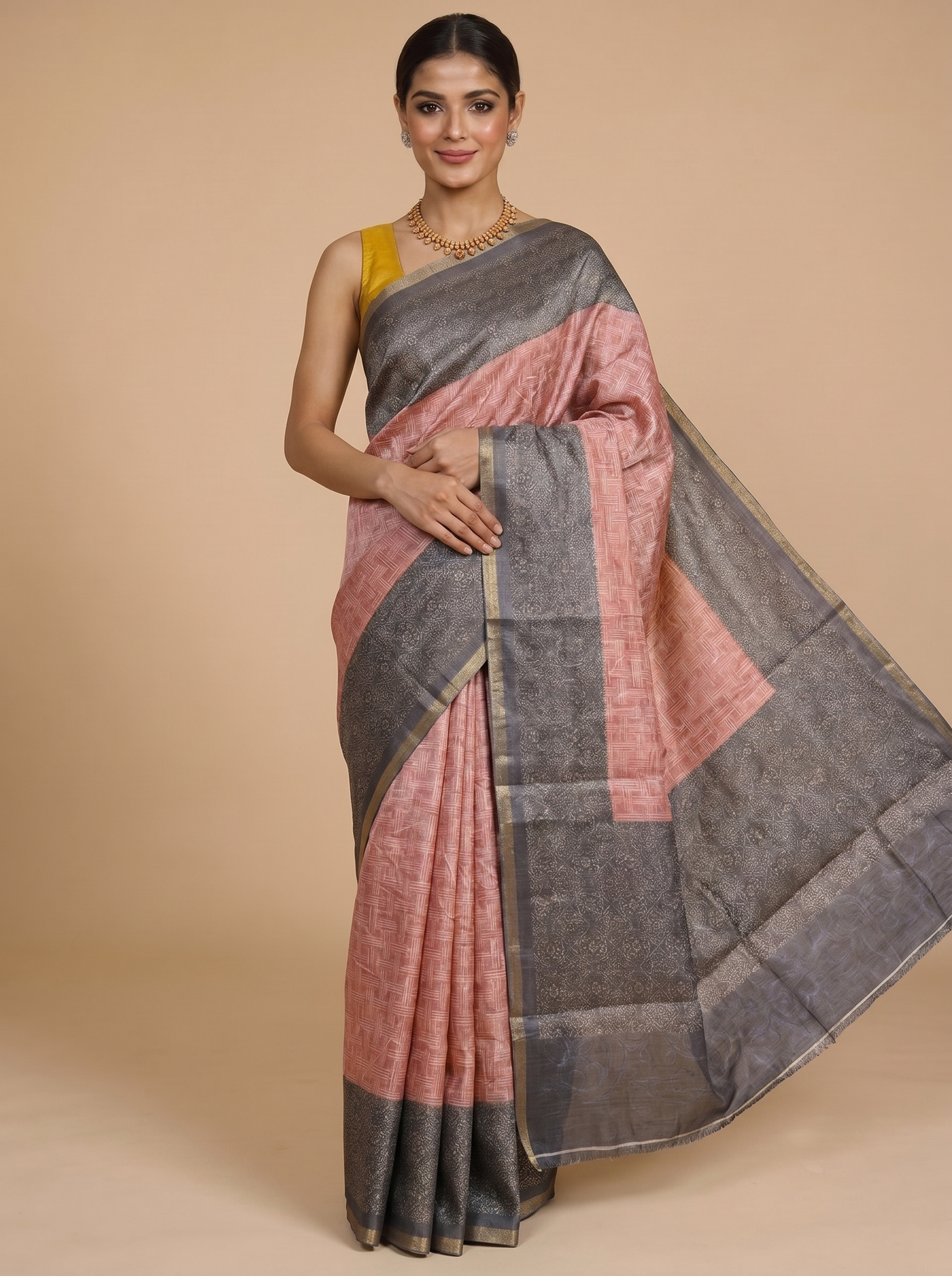 Dusty Pink with Charcoal Grey - Linen Cotton Saree
