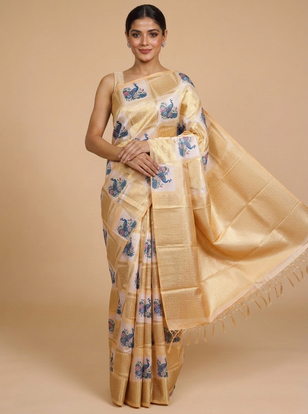 The Royal Peacock cream and pastel yellow Kanchipuram Silk Saree