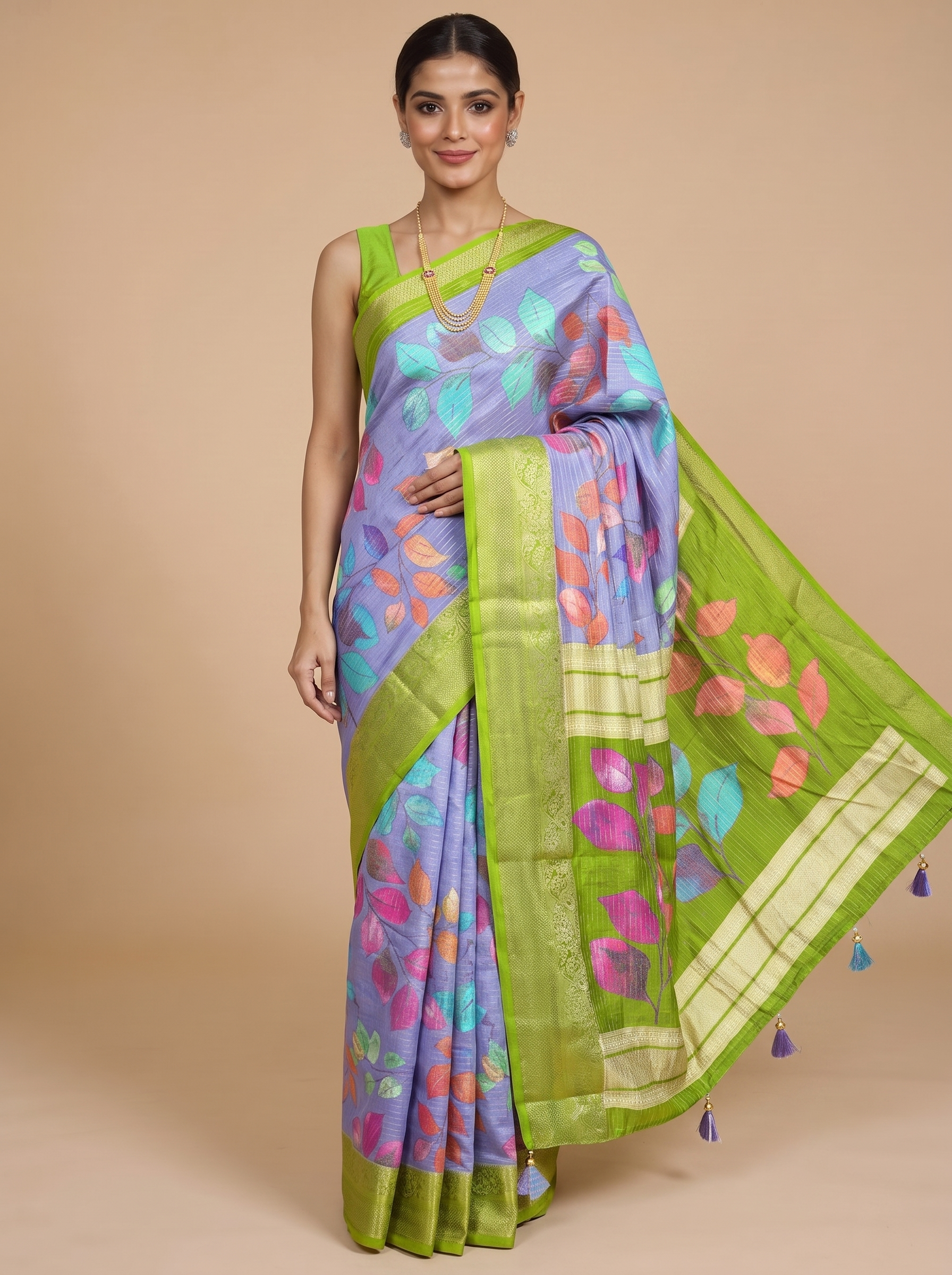 Lavender with Light Green - Semi Raw Silk Saree