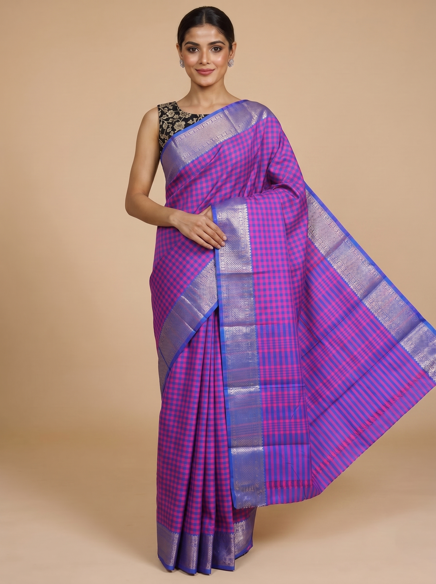 Magenta Pink and Royal Blue Chettinad Cotton Saree