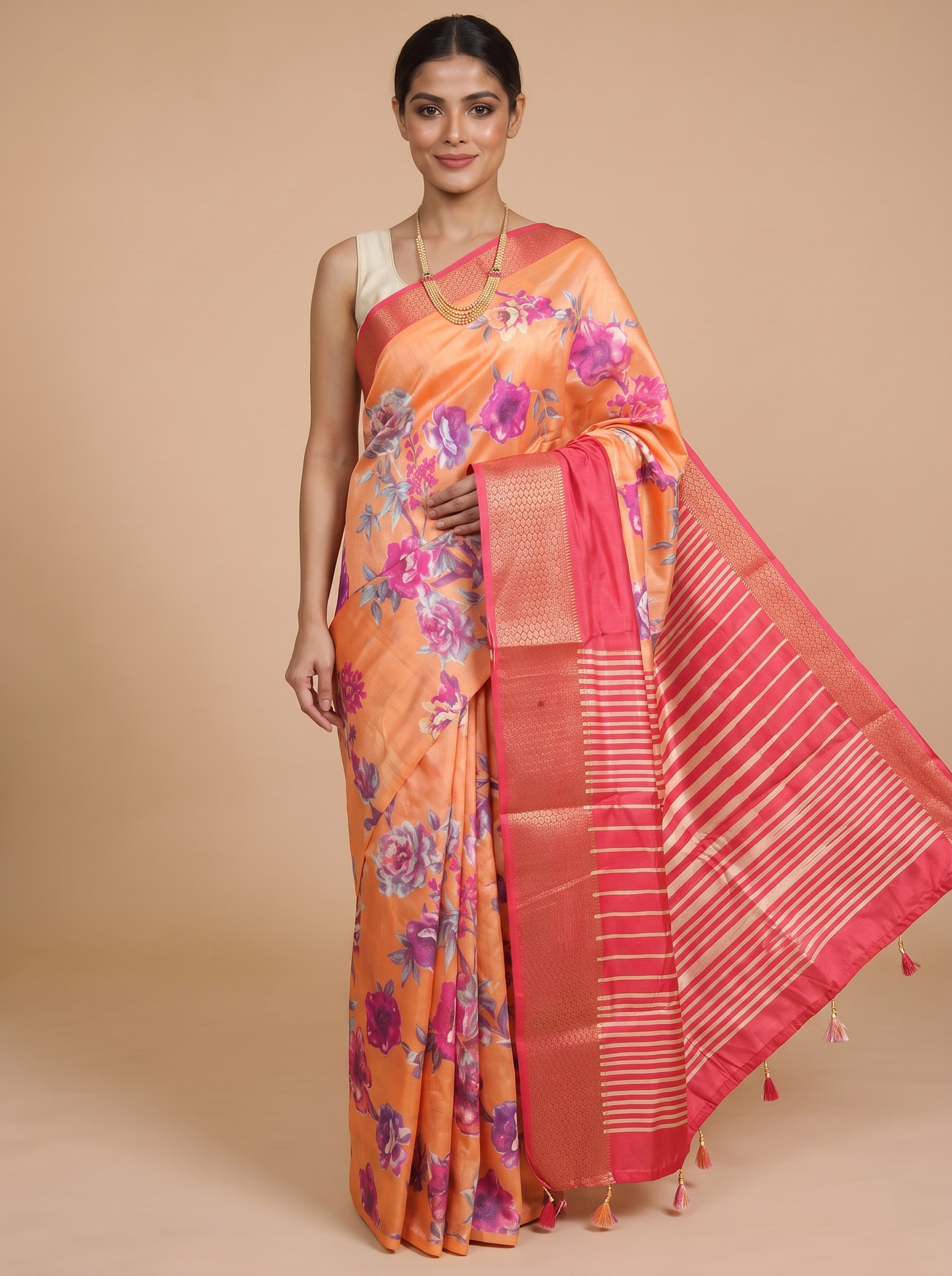 Orange with Pink Saree - Semi Raw Silk Saree
