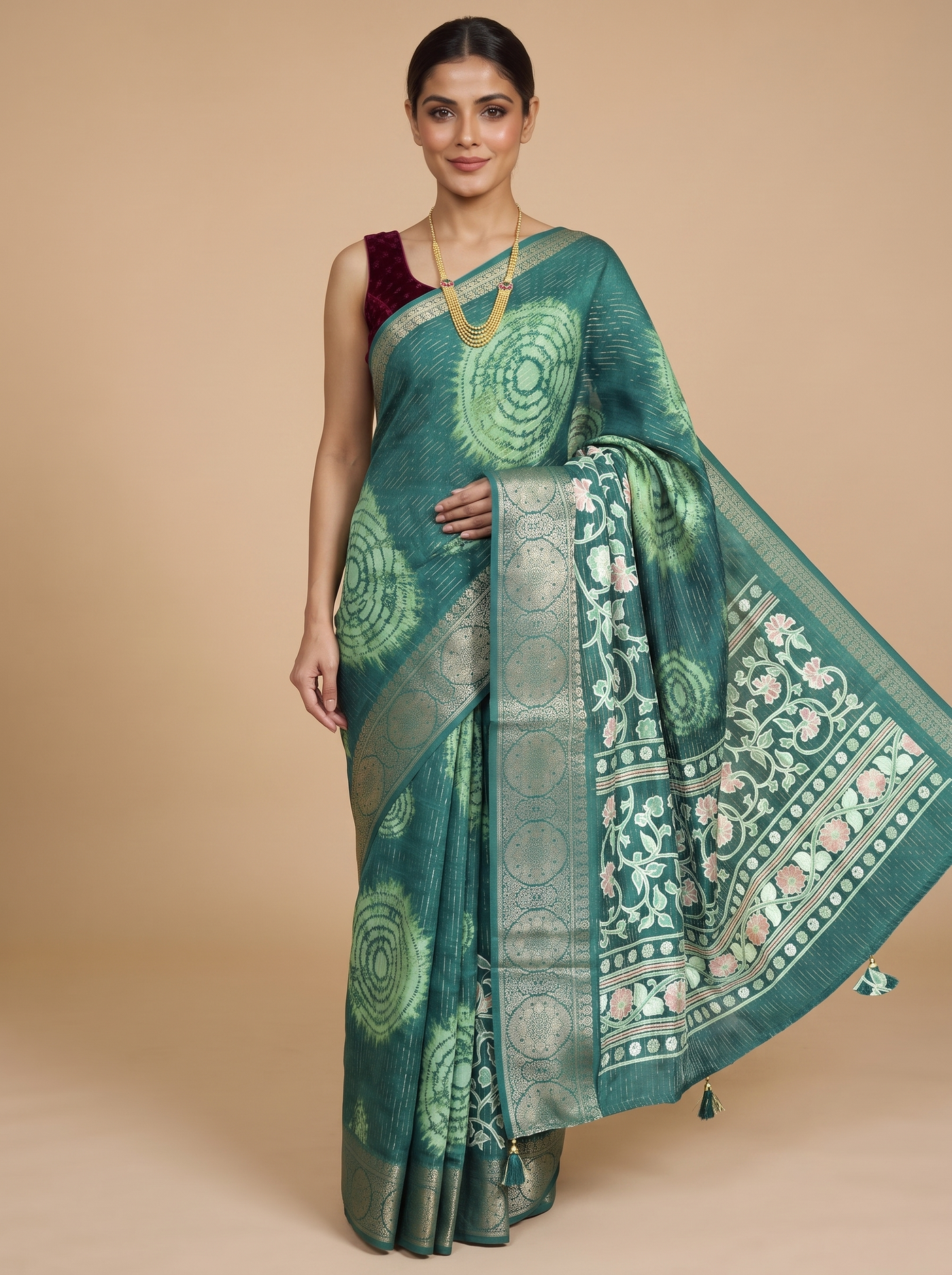Deep Green with Matching Green and Zari Pallu - Semi Raw Silk Saree