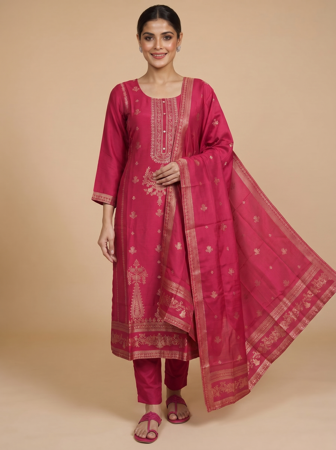 Rani Pink with Gold  Ready Made Salwar Suit