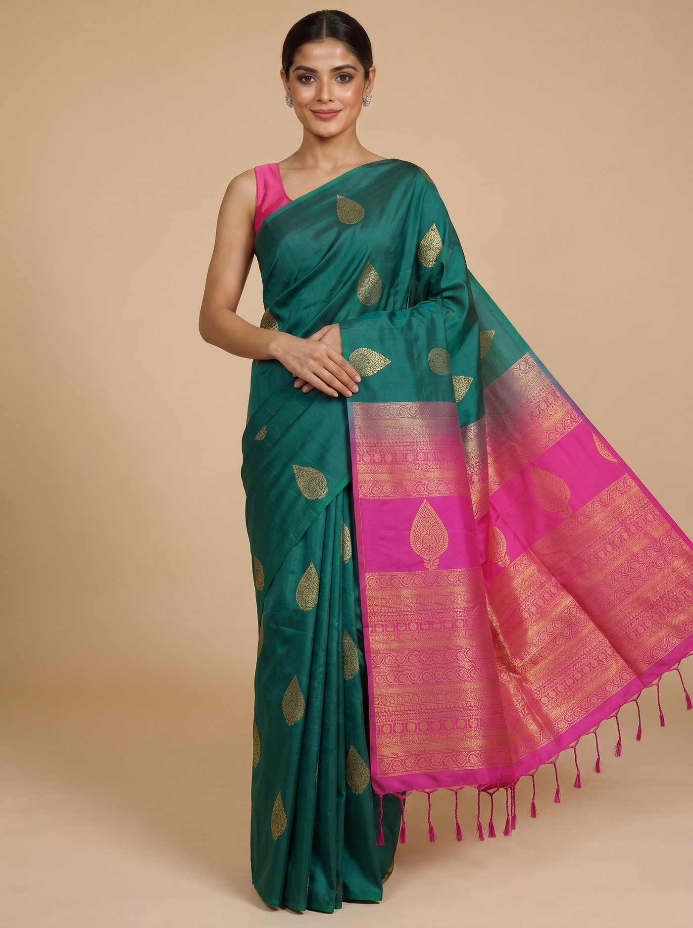 Bottle Green with Magenta Pink - Kanchipuram Semi Silk Saree