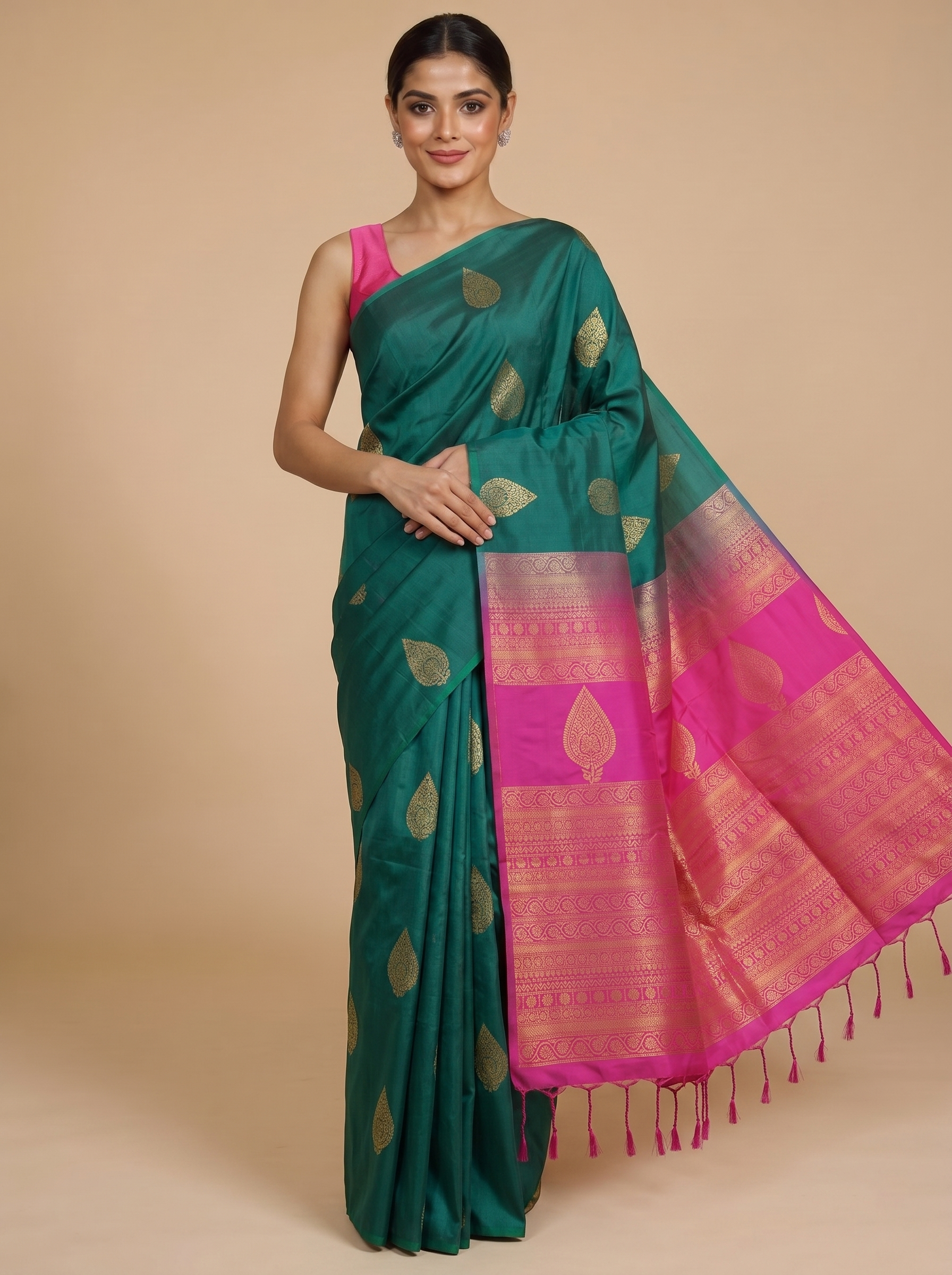 Bottle Green with Magenta Pink - Kanchipuram Semi Silk Saree