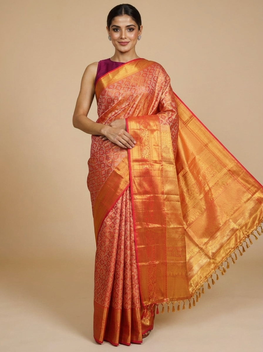 Vibrant Orange Kanchipuram Silk Saree with All-Over Brocade