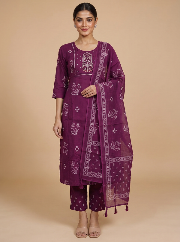 Magenta Ready Made Kurti Set