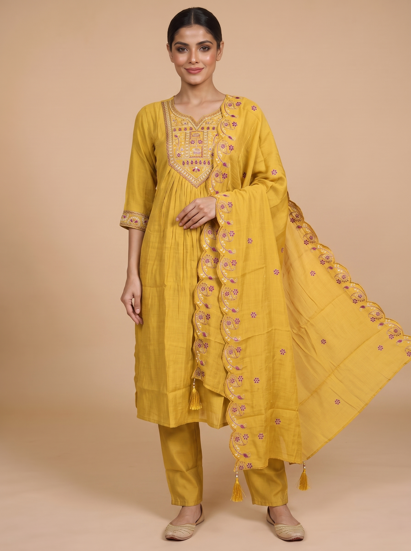 Mustard Yellow with Purple Embroidered Dupatta Ready Made Kurti Set