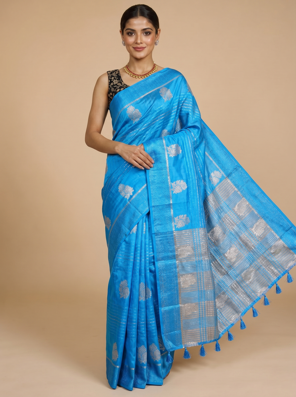 Sky Blue with Silver - Semi Tussar Saree