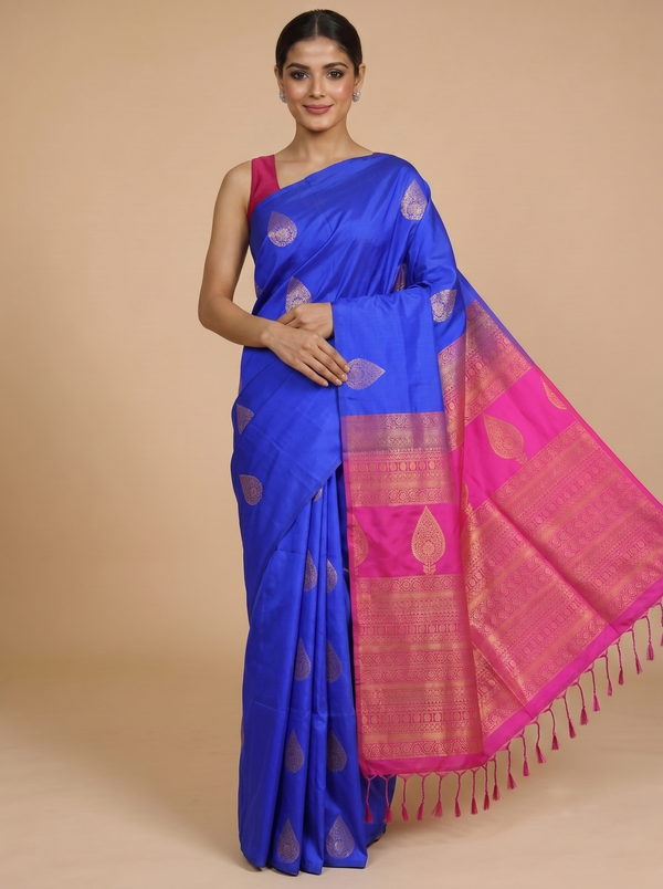 Royal Blue with Fuchsia Pink Semi Silk Saree