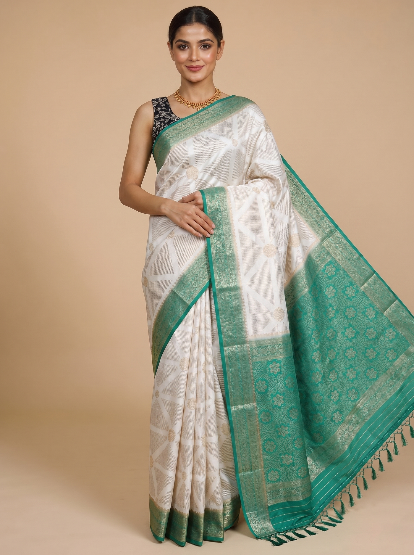Off-White with Emerald Green - Semi Tussar Saree