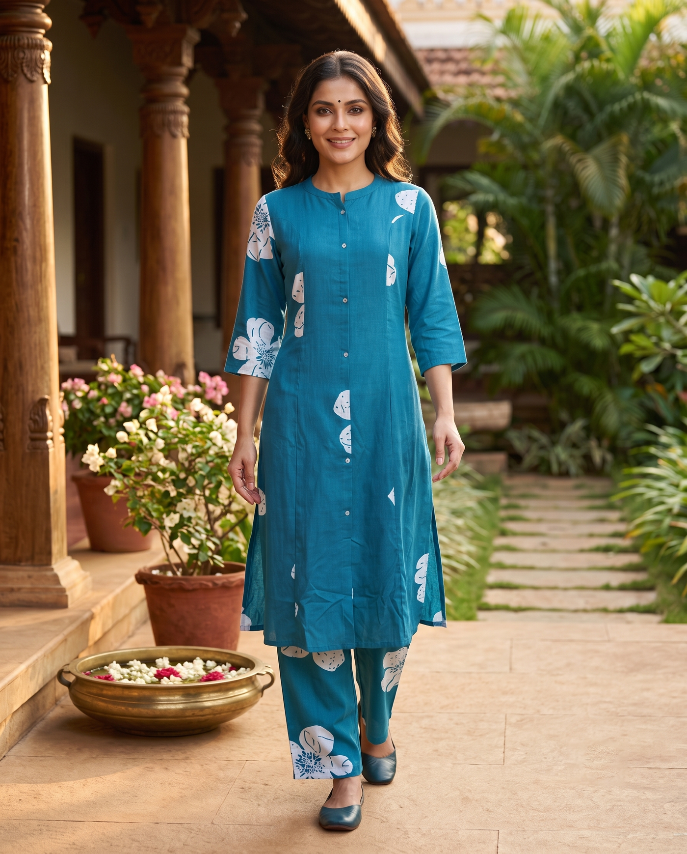Blue Floral Cotton Kurti Set