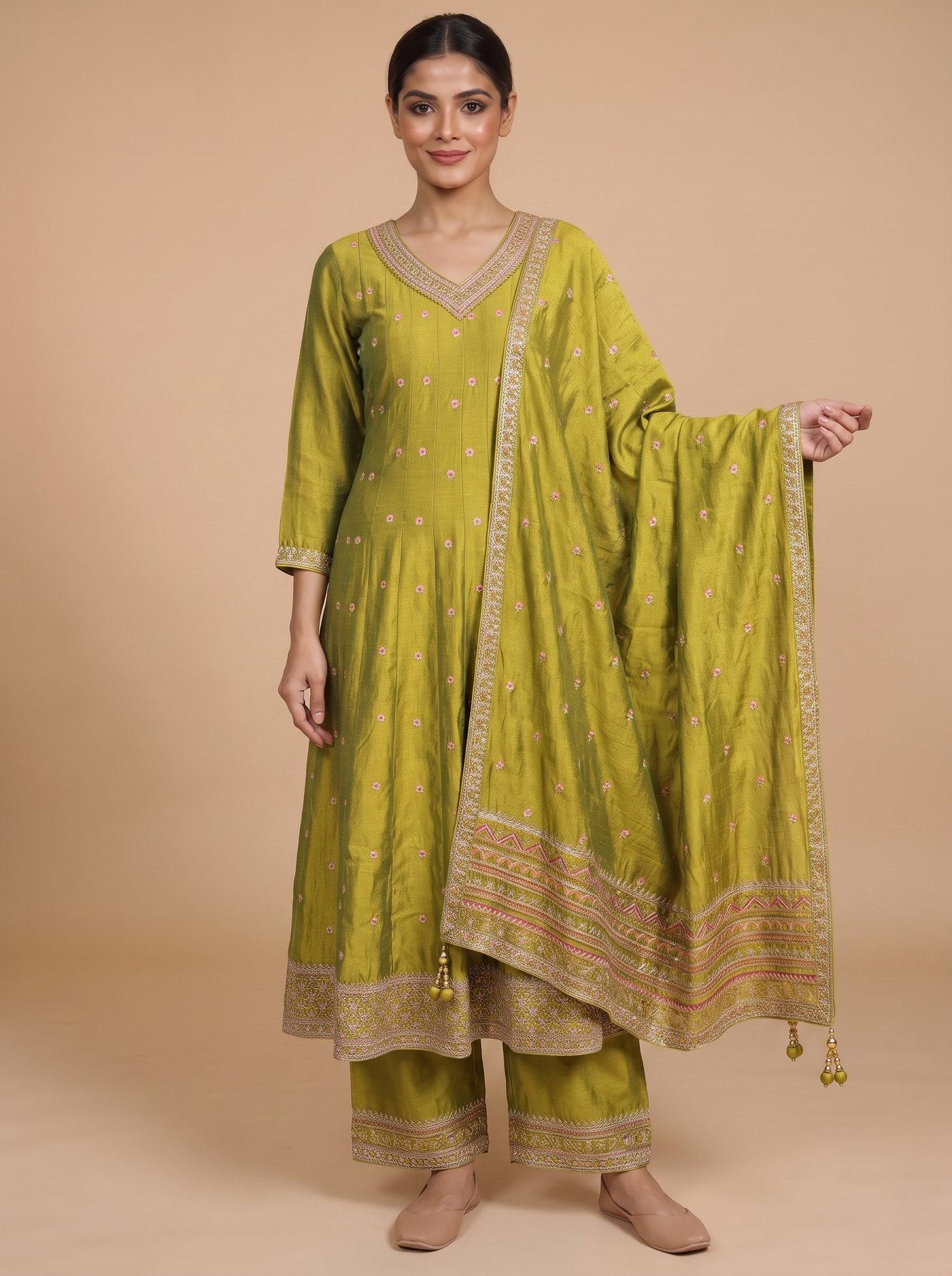Olive Green with Zari  Dupatta Ready Made Kurti Set