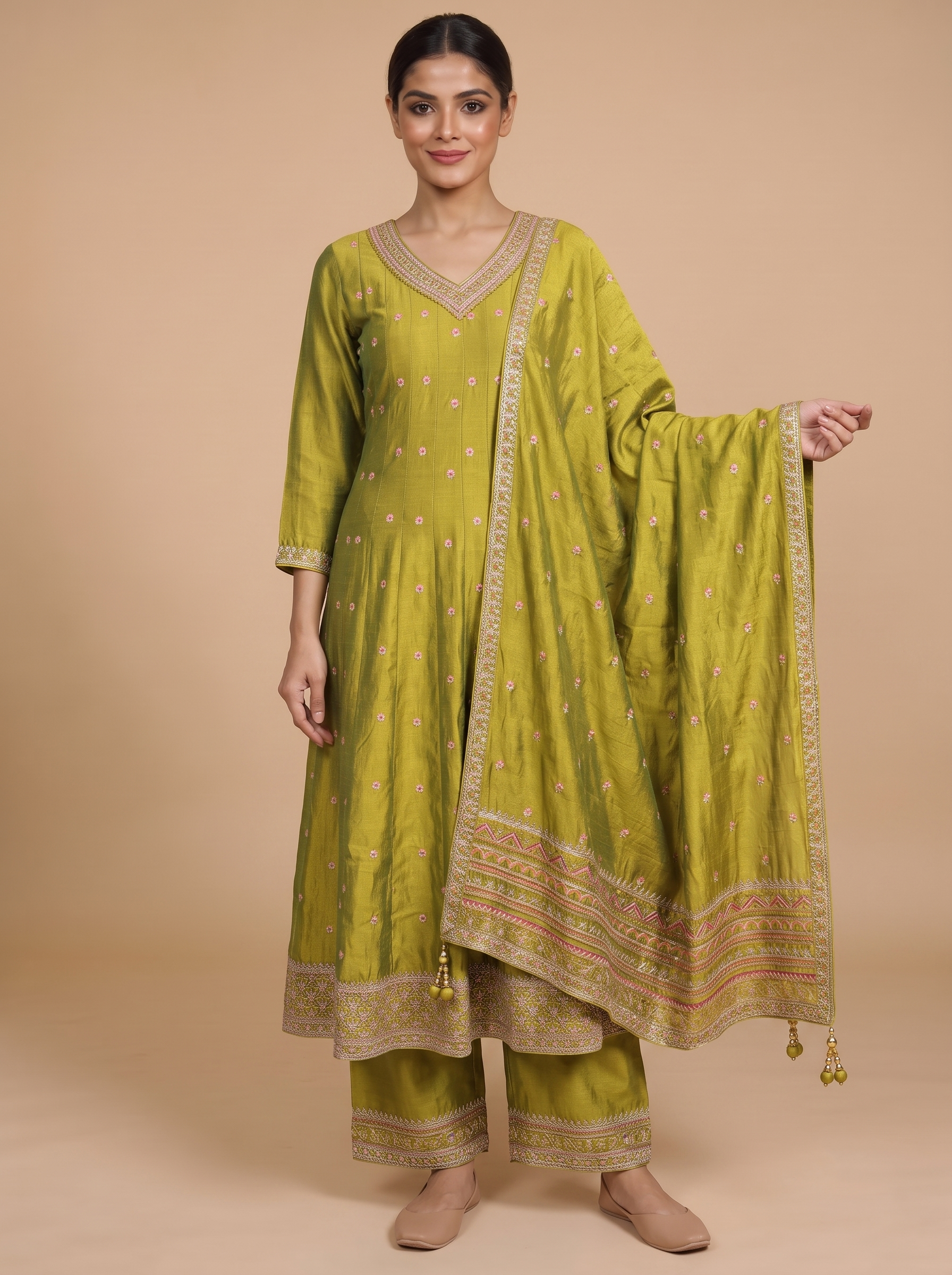 Olive Green with Zari  Dupatta Ready Made Kurti Set