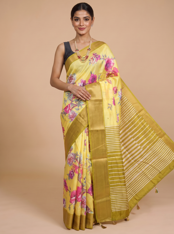 Lemon Yellow with Olive Green - Semi Raw Silk Saree
