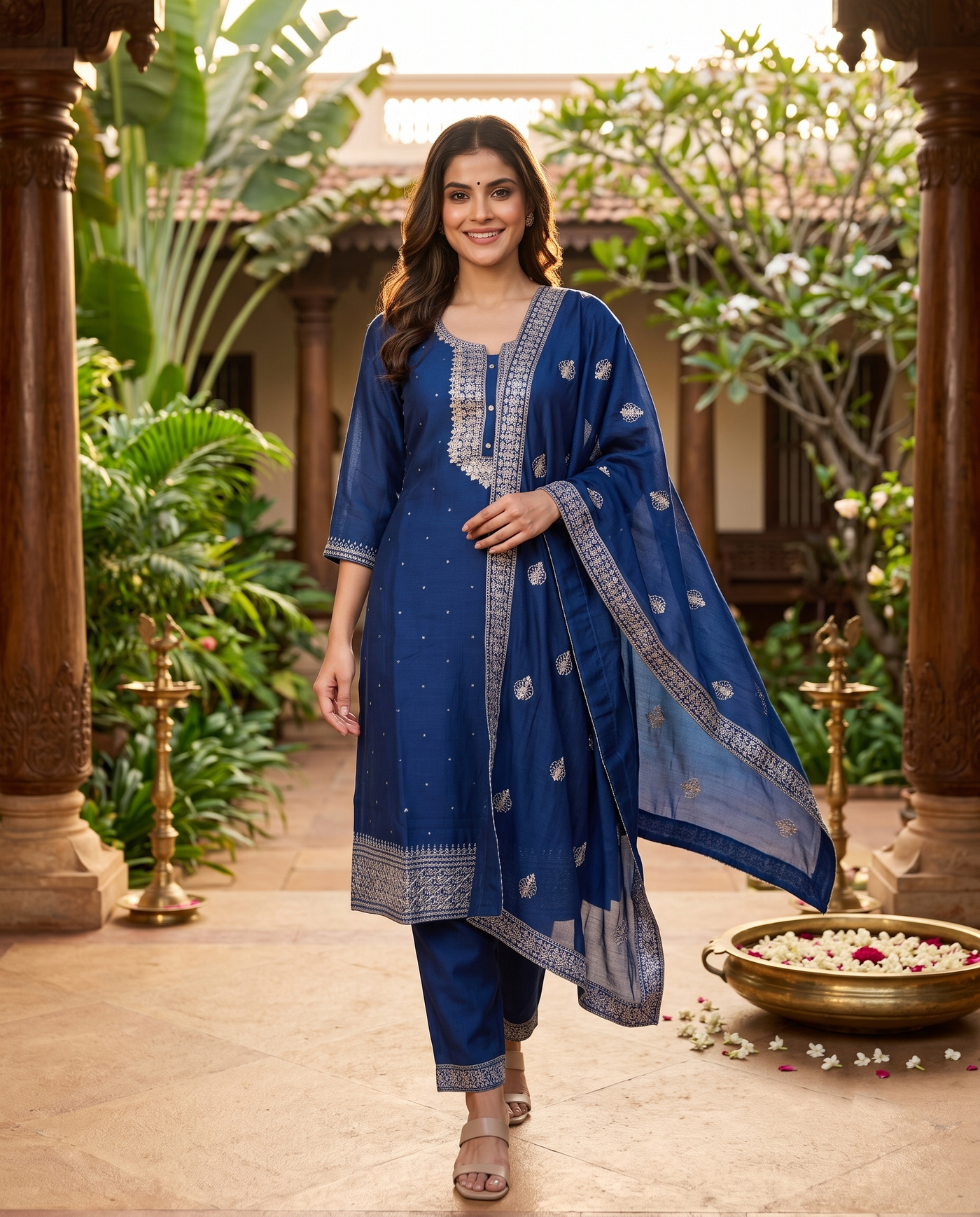 Navy Blue with Zari Dupatta Ready Made Kurti Set