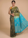 Olive Green with Turquoise Blue - Semi Silk Saree
