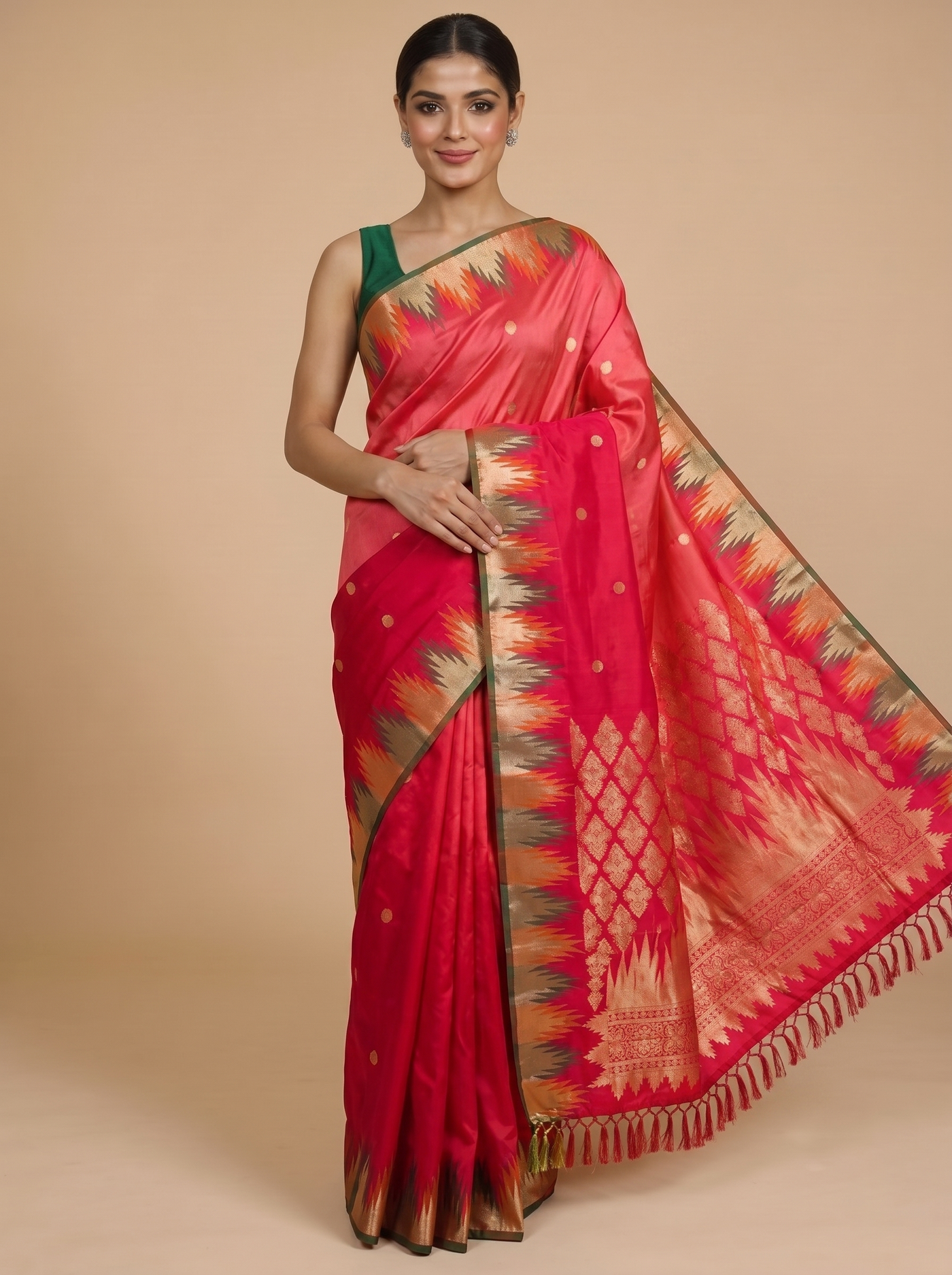Elegant Crimson Red with Antique Gold  Pure Kanjivaram Silk Saree with Temple Border