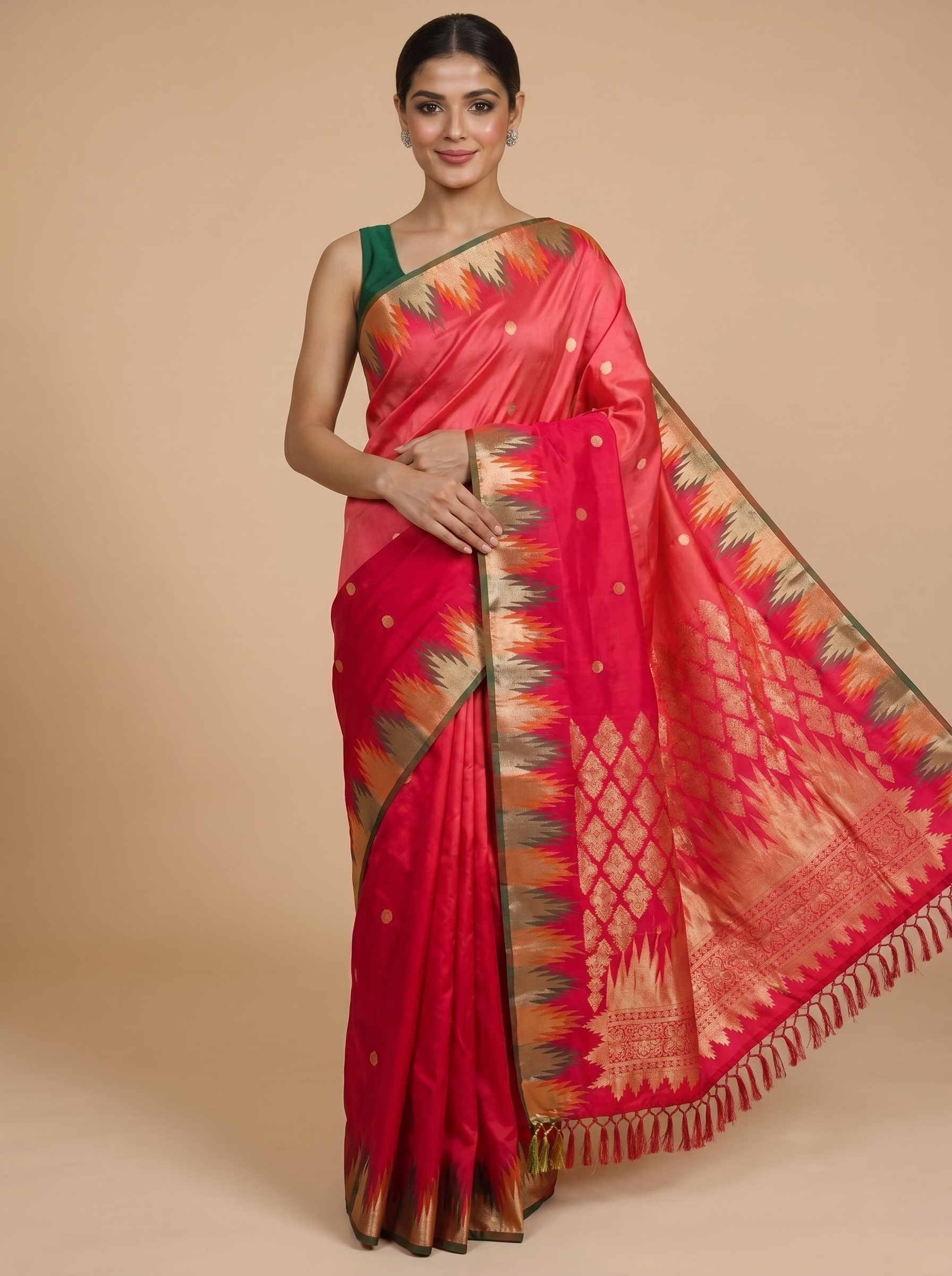Elegant Crimson Red with Antique Gold  Pure Kanjivaram Silk Saree with Temple Border