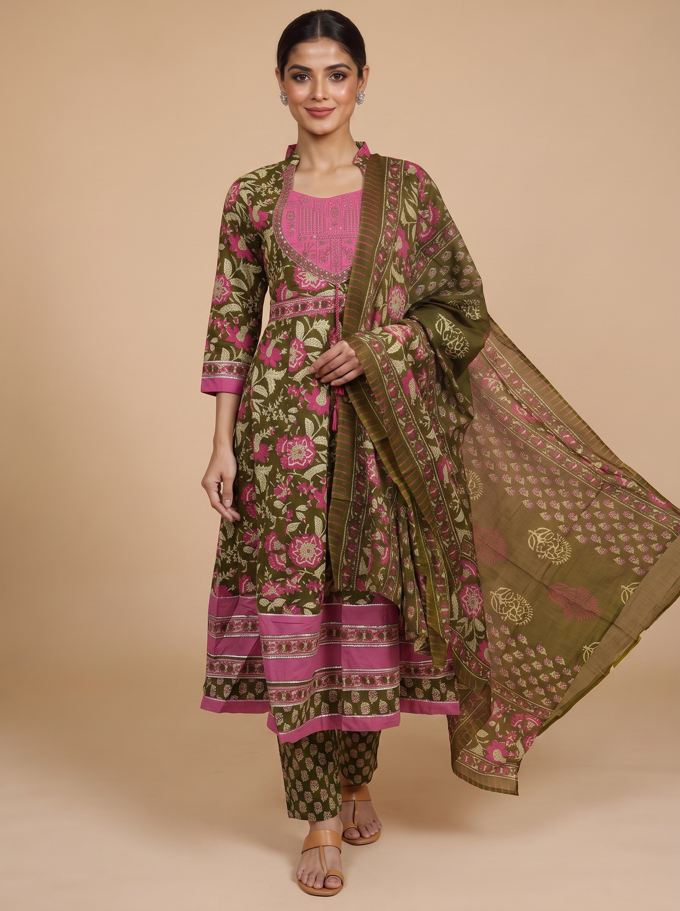 Olive Green with Pink Dupatta Ready Made Kurti Set