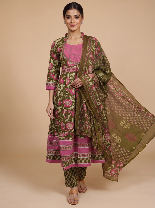 Olive Green with Pink Dupatta Anarkali Set
