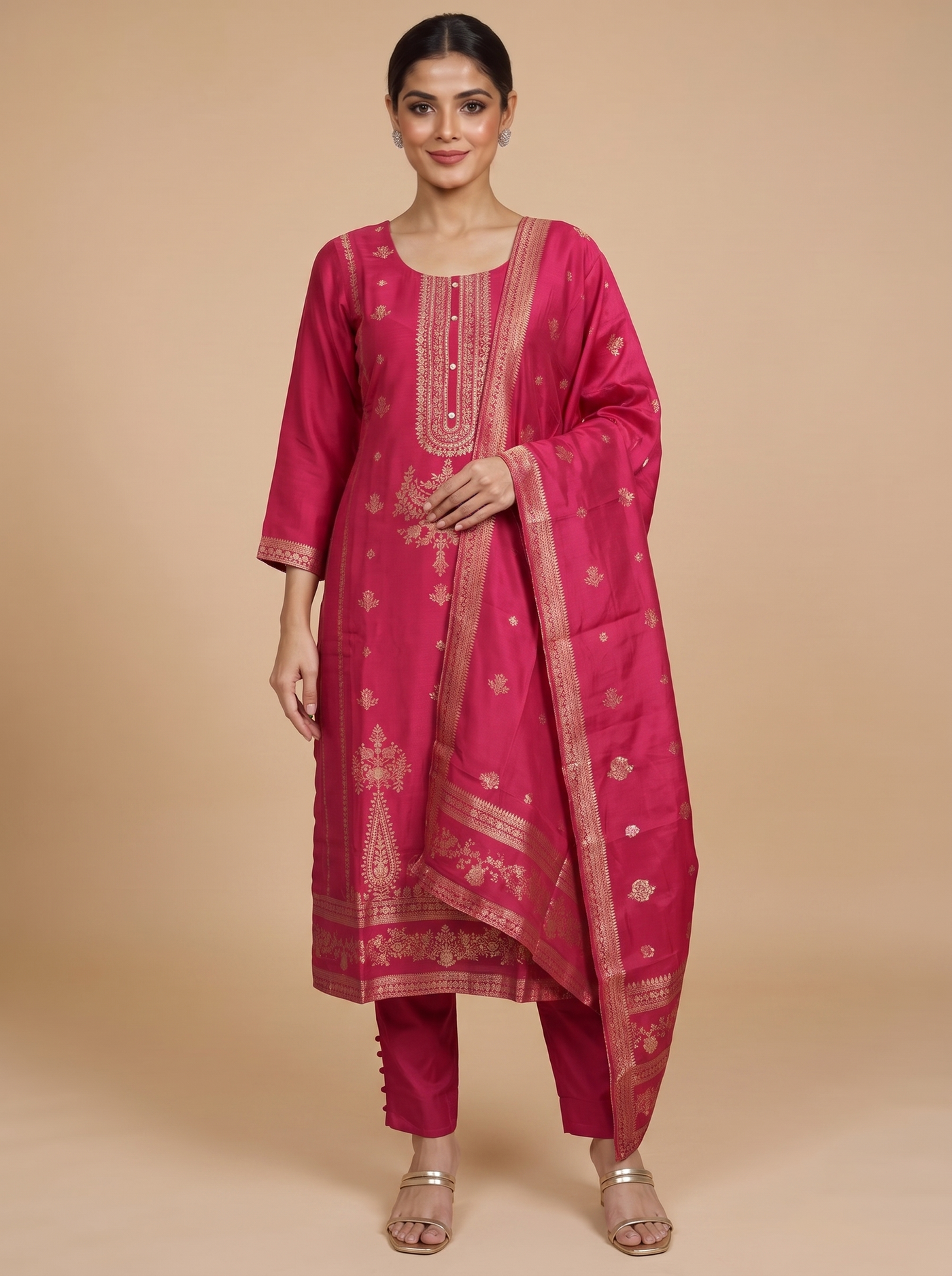 Rani Pink with Gold  Ready Made Salwar Suit