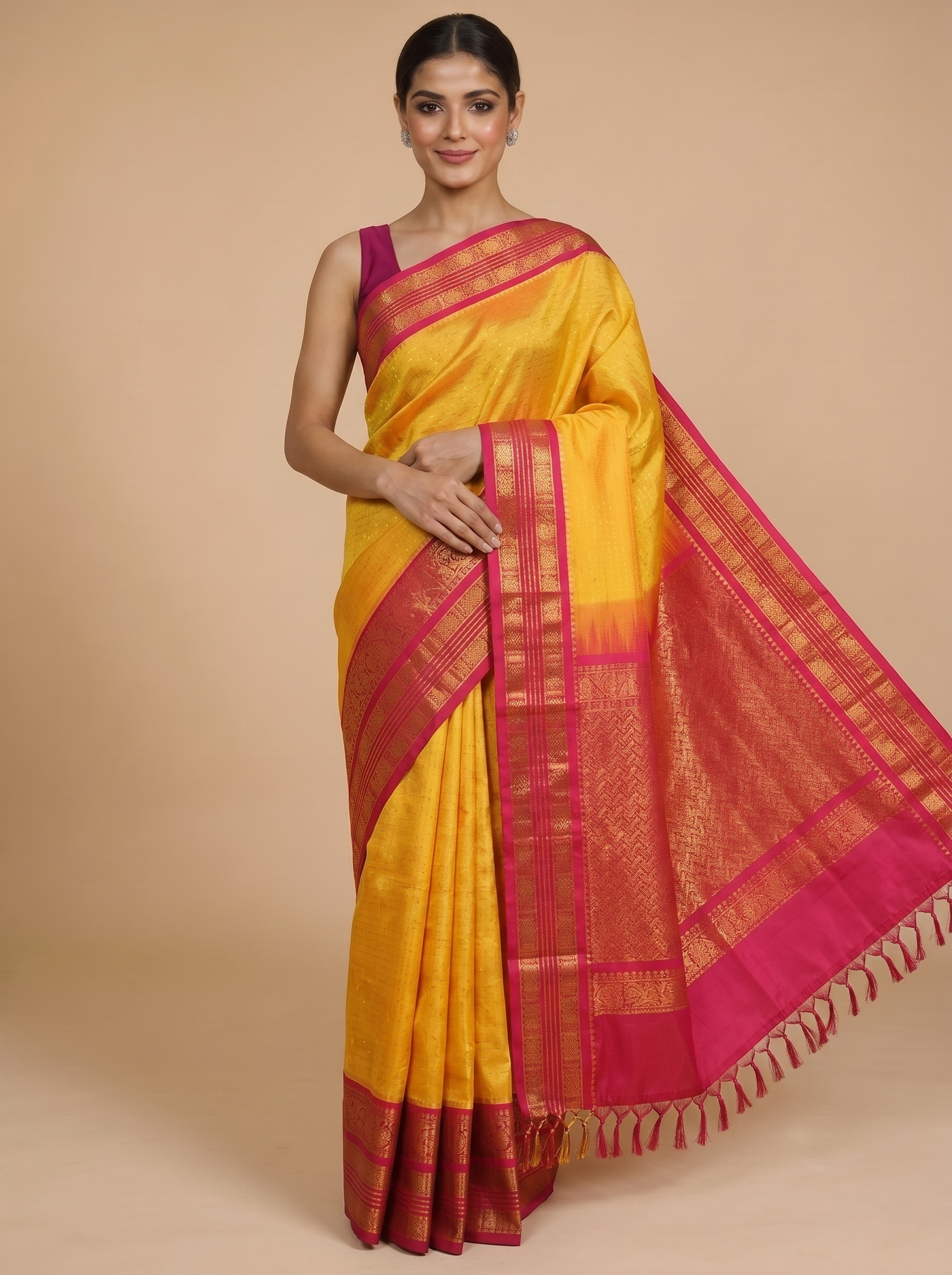 Pure Silk Cotton Saree in Mustard Yellow and Magenta Pink – Handloom Festive Wear