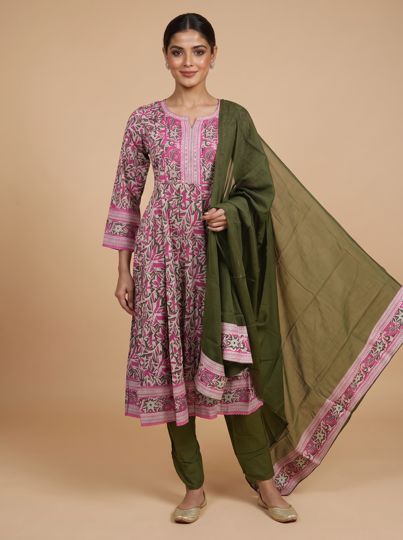 Olive Green with Pink Dupatta Ready Made Kurti Set